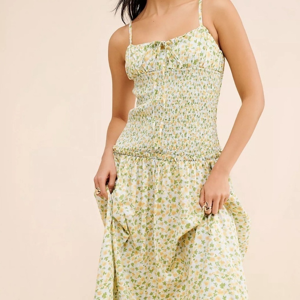 Free People Midi Floral Dress Baby Blue, Green and Yellow- size M - Picture 4 of 15